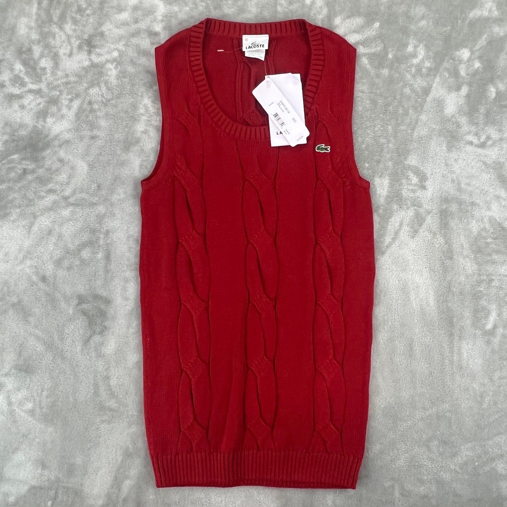 Lacoste Womens Red Cable Knit Pima Cotton Sweater Vest AF6468 Size 8 40 NEW